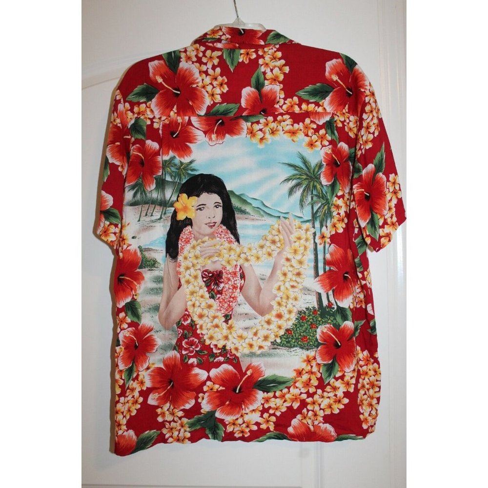 Vintage KENNINGTON Hawaiian Hula Pin Up Girl Aloha Camp Floral Shirt sz.Large‎
